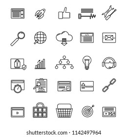 Development Signs Thin Line Black Icon Set Include of Blogging, Startup, Social Media, Keyword, Design and Cloud. Vector illustration