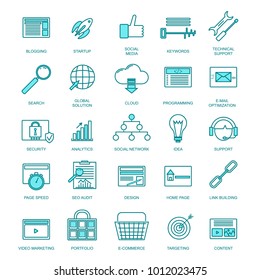 Development Signs Thin Line Icon Set Include of Blogging, Startup, Social Media, Keyword, Design and Cloud. Vector illustration