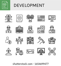 development simple icons set. Contains such icons as Coding, Growth, Developer, Layout, Web design, Coach, Programming, Programmer, Binary code, can be used for web, mobile and logo