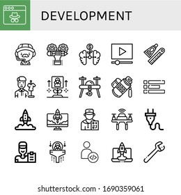 development simple icons set. Contains such icons as Webpage, Coach, Developer, Growth, Video marketing, Glue, Designer, Drone, Tube, Layout, can be used for web, mobile and logo