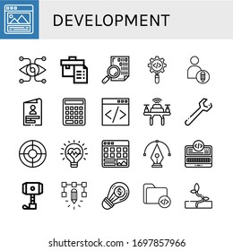 development simple icons set. Contains such icons as Portfolio, Vision, Coding, Process, Creative, Skills, Seo, Drone, Wrench, Innovation, can be used for web, mobile and logo
