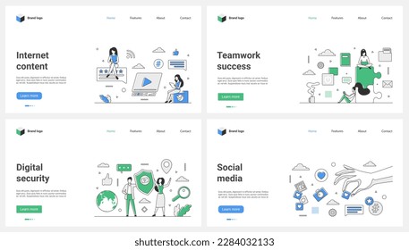 Desarrollo de contenido y lealtad en medios sociales, seguridad digital, éxito en equipo conjunto ilustraciones vectoriales. Las personas diminutas de caricatura protegen los datos con escudo, los clientes dan "likes" a un video viral