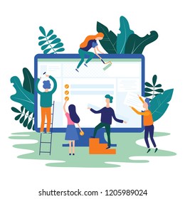 Development of the software, application, website. Web design. People build a site. Vector illustration in cartoon and flat style