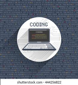 development of software code, computer code on a flat style digital background, vector illustration