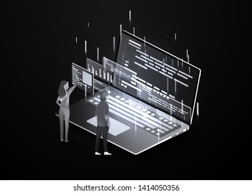 Development and software. Concept of programming, data processing. Computer code with windows on laptop screen.  Vector illustration