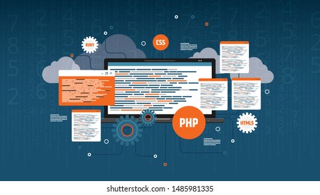 Development and software. Concept of programming, data processing. Computer code with windows on laptop screen.