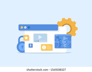 Development and software. Concept of programming, data processing. Computer code with windows