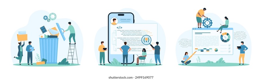 Desarrollo de software y App móvil, codificación en línea y limpieza de juegos de memoria. Código del programa de investigación de personas diminutas en la pantalla del teléfono, analiza el diagrama de estadísticas y gráficas Ilustración vectorial de dibujos animados