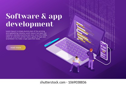 Development of software and mobile app. Program code on laptop and phone screen. Launch a new product on a market. People are working on a new project. Startup concept with flat 3d isometric style.