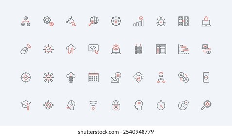 Development of software, mobile application, operate digital data line icon set. Algorithm of information system, program code test and gears thin black and red outline symbols vector illustration