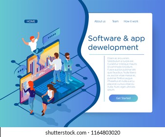 Development of software and mobile applications. Businessmen and developers are programming on laptop and phone. Startup concept with flat 3d isometric style.