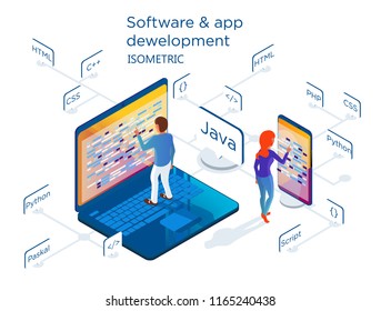 Development of software and mobile applications. Different specialists are working on the creation of the product. Illustration on white background in isometric 3d