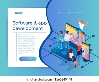 Development of software and mobile applications. Site layout. Different specialists are working on the creation of the product. Illustration in isometric 3d