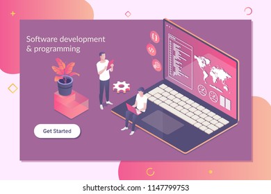 Development of software and programming concept. Web engineer at work. Big data processing, computing isometric