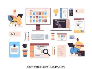 development of software and programming icons set with mix race web developers using laptops creating program code full length horizontal vector illustration