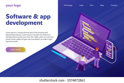 Development Of Software And Programming. Program Code On Computer Screen And Phone Screen. Launch A New Product On A Market. Laptop In Flat Isometric Style. Design Template From Landing Page Or Banner