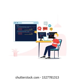 Development of software and programming. Program code on computer screen and phone screen. Launch a new product on a market. Laptop in flat isometric style. Design template from landing page or banner