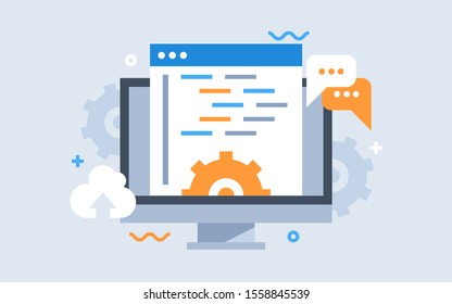 Development of software and programming. Program code on computer screen . Launch a new product on a market. Computer display in flat style. Design template from landing page or banner.