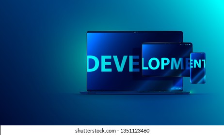 Development software. Technology business programming and coding app. Word development on screen of laptop, tablet, phone. Abstract cross platforms computer program on different device. Concept banner