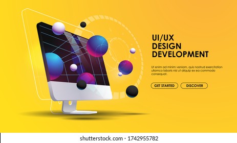 Development software. Technology business programming and coding app. Cross platform development website. Creative layout internet page or web interface with pc monitor.