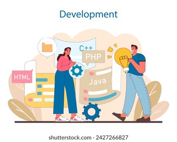 Etapa de desarrollo en la gestión de proyectos de TI. Una representación dinámica de codificación y programación. Conceptualizar soluciones en la creación de software. Ilustración vectorial plana.