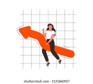 Development, Stock market rising, positive growing concept. Young positive confident businesswoman riding fast speed on development arrow meaning success in business vector illustration