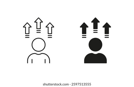 Development in Stock Market Symbol. Progress in Business, Career Success Pictogram. Team Growth Up Line and Silhouette Icon Set. Promotion Sign. Editable Stroke. Isolated Vector Illustration.