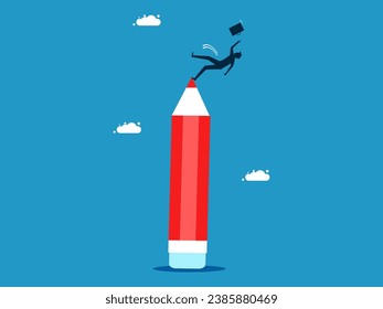 Development stops. Businessman slips and falls on pencil