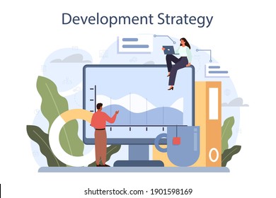 Development strategy concept. Business planning. Idea of company promotion and profit growing. Management and marketing development. Isolated flat illustration