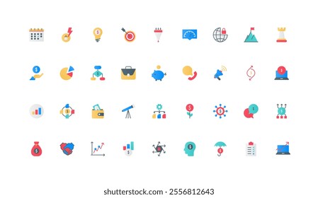 Development strategy for enterprise, startup project, corporate company color icon set. Financial analytics and time management, profit growth, risk insurance flat elements vector illustration