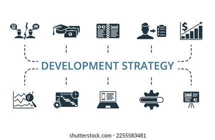 Juego de iconos de Estrategia de desarrollo. Colección de iconos monocromo simple de la Estrategia de desarrollo. Conflicto De Intereses, Subvenciones, Resumen Ejecutivo, Declaración De Misión, Ingresos, Análisis De Tendencias, Plazos, Producto