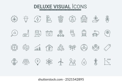Estratégia de desenvolvimento para a indústria nuclear, solar e usinas de energia eólica fino preto esboço símbolos ilustração vetorial. Geração de energia a partir de recursos sustentáveis, conjunto de ícones de linha de reciclagem.