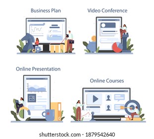 Estrategia de desarrollo de servicio en línea o conjunto de plataformas. Planificación empresarial. Idea de promoción de empresas. Curso en línea, presentación, videoconferencia, plan de negocios. Ilustración plana aislada