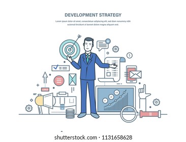 Development strategy, preparation effective business project, analysis of economic efficiency, profit, reduction production costs, promotion in social networks. Illustration thin line vector doodles.