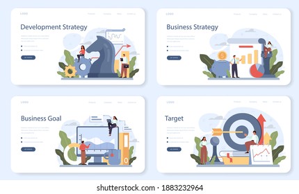 Development strategy web banner or landing page set. Business planning. Idea of company promotion and profit growing. Management and marketing development. Isolated flat illustration