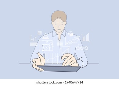 Development Strategy, Working, Business Analyse Concept. Young Smiling Businessman Cartoon Character Sitting Working On Laptop Computer With Digital Layer Business Strategy And Social Media Diagram 