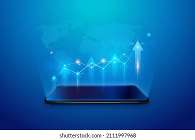 Development to success concept. Infographic with vector 3d phone. Marketing diagrams and charts on smartphone. Monitoring analysis, visualization data