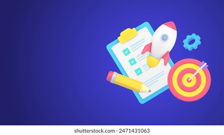 Development successful business startup strategy with gear, goal aiming, to do list checkbox and taking off rocket 3d icon isometric vector illustration. Planning analyzing management taking notes