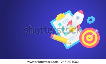 Development successful business startup strategy with gear, goal aiming, to do list checkbox and taking off rocket 3d icon isometric vector illustration. Planning analyzing management taking notes