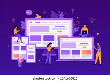 The development team build a website with a responsive design for different devices. Flat vector illustration. Business concept. 