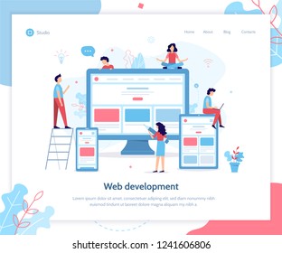 Development team create responsive website. Landing design template. Web development concept. Flat vector illustration.