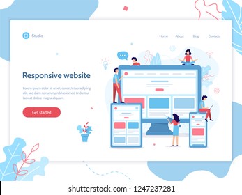 Development team create responsive website for different devices: computer, tablet and smartphone. Web page design template. Flat vector illustration.