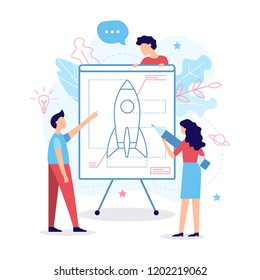 The development team creates a drawing of the rocket. Business concept. Teamwork. Web development. Flat vector illustration.