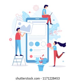 The development team creates a mobile application. Flat vector illustration.