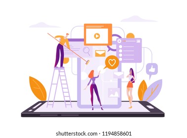 The development team creates a mobile application. Concept with web interface symbols, programmers, smartphone. Modern flat vector illustration isolated on white background