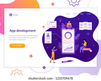 The development team creates a mobile application. Web banner design template. Easy to edit and customize. Flat vector illustration.