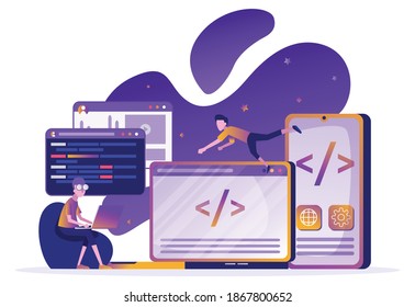 The development team creates a website and doing a research. Business concept. Teamwork. Web development. Tiny people illustration. Vector illustration