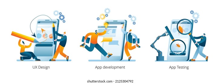 The development team is creating a mobile application. A set of vector illustrations on the development and testing of mobile applications.