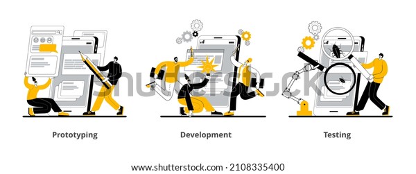 The development team is creating\
a mobile application. A set of vector illustrations on the topic of\
prototyping, development and testing of a mobile\
application.