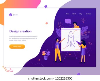 The development team designs the rocket. Web banner design template. Startup concept. Teamwork and development. Flat vector illustration. 